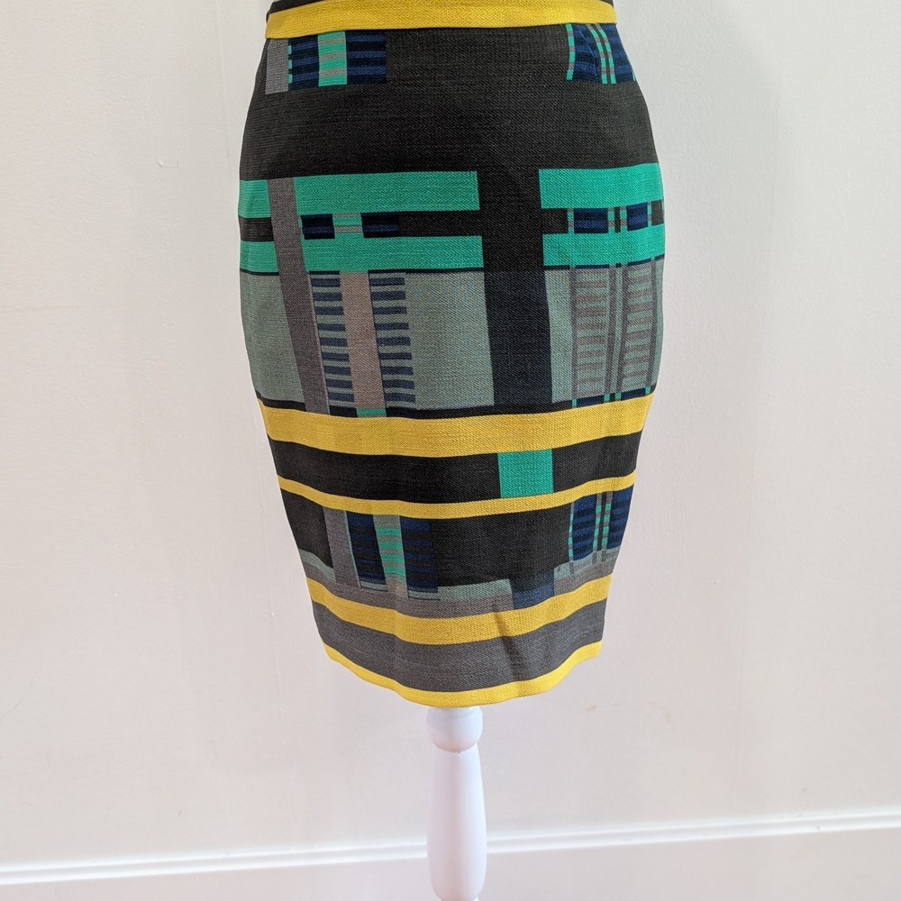 Lafayette 148 New York Wool Patterned Pencil Skirt - Black, Green, Yellow